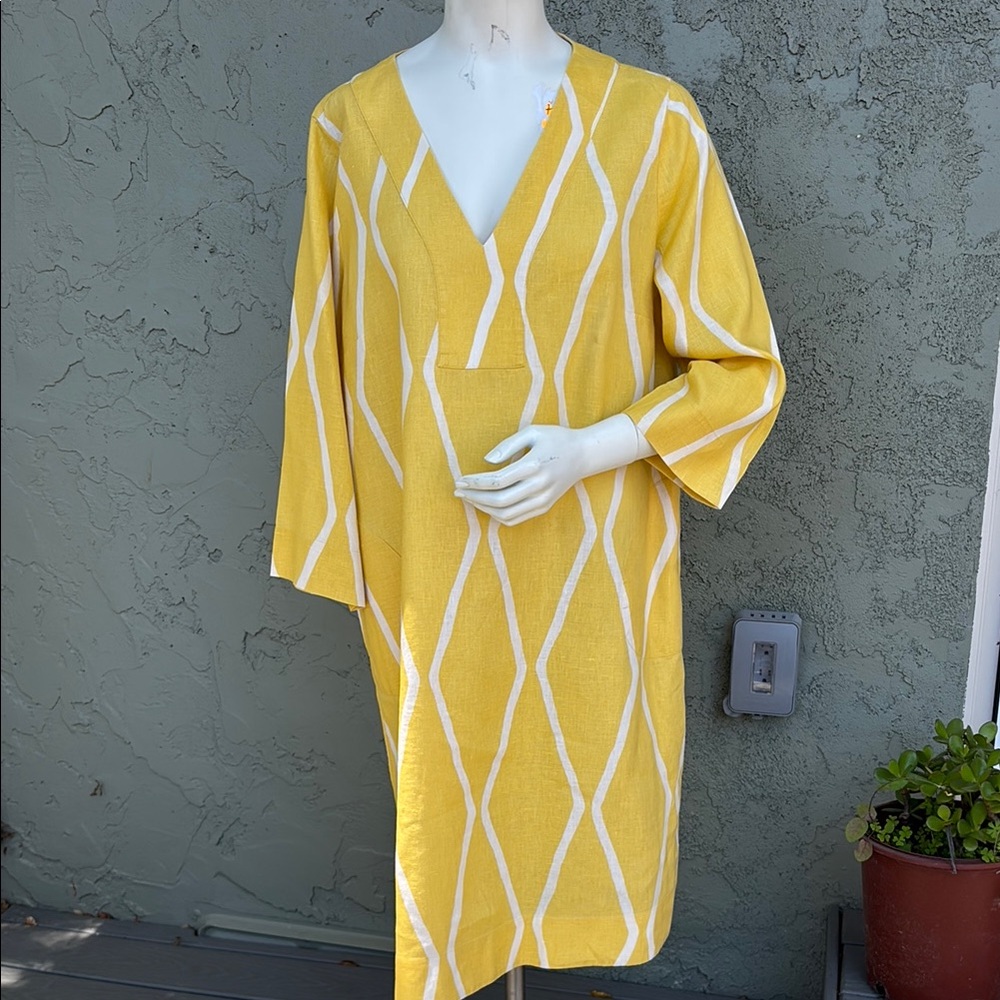 Soft Surroundings Zarina Yellow and White Geometric Linen Shirt Dress